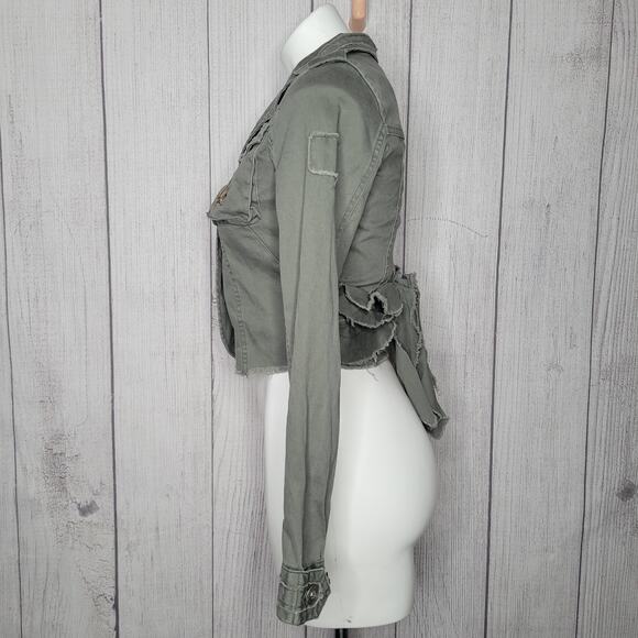 Haute Monde Raw Hem Dragon Embroidered Green Fringe Denim Jacket Womens Small - Picture 4 of 10